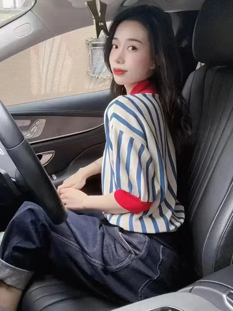 Women's Striped Polo Shirt – Cute Kawaii Button Tee | Trendy 2025 Luxury Youth Fashion