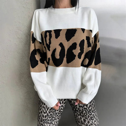 Fashionable Casual Outerwear for Women – European Color Block Leopard Slip Sweater, Crew Neck, Loose Fit Pullover for Autumn/Winter