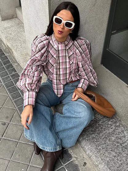 2025 Women's Elegant Plaid Puff Sleeve Tie Neck Blouse – Loose Single-Breasted Chic Spring Commute Shirt