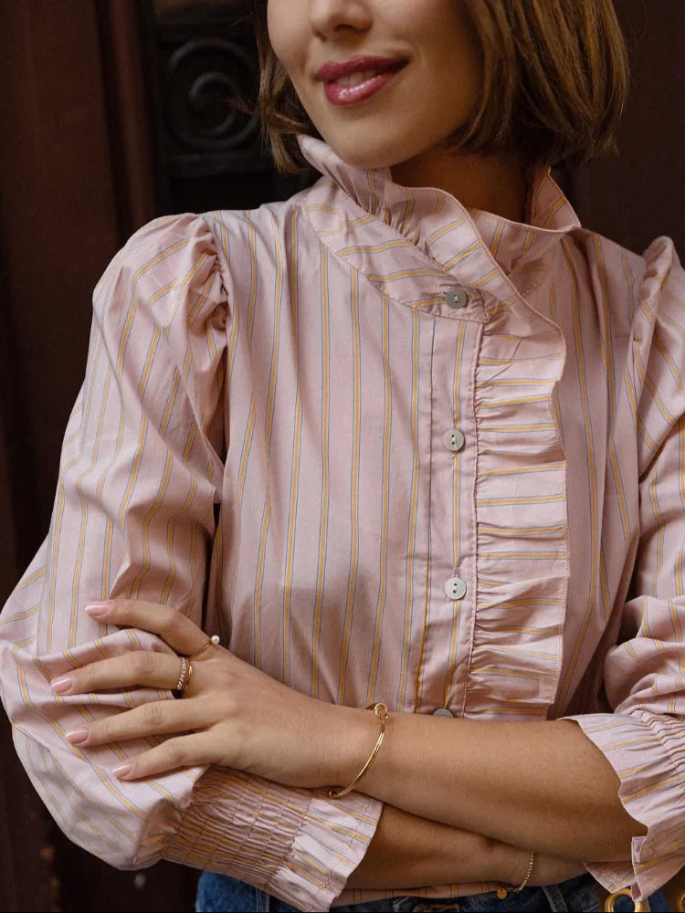 2025 Women's Chic Pink Stripe Blouse – Stand Collar Ruffled, Long Sleeve Single-Breasted Office & Commute Top