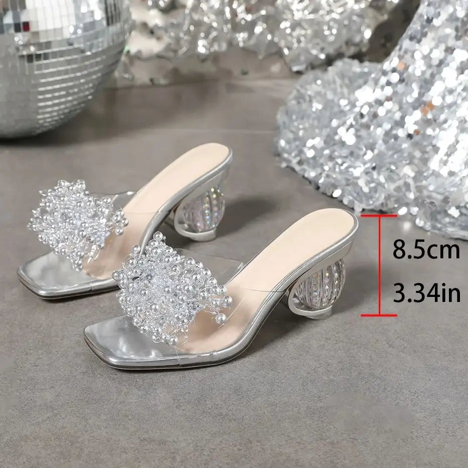 2025 New Women's Water Diamond Flower Sandals – Transparent Thick Bottom Party Dress PVC Mules with High Heels