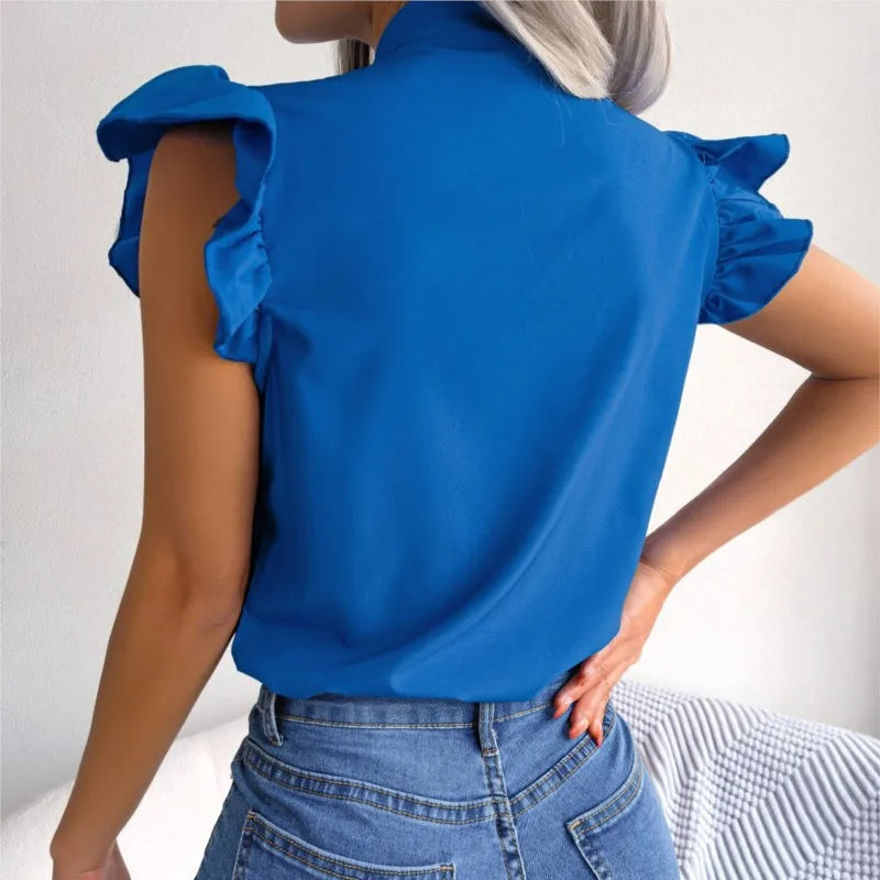 2025 Women's Summer Chiffon Blouse – Black Ear Strap Bow Sleeveless Top | Slim Solid Office Lady Pullover Blusas