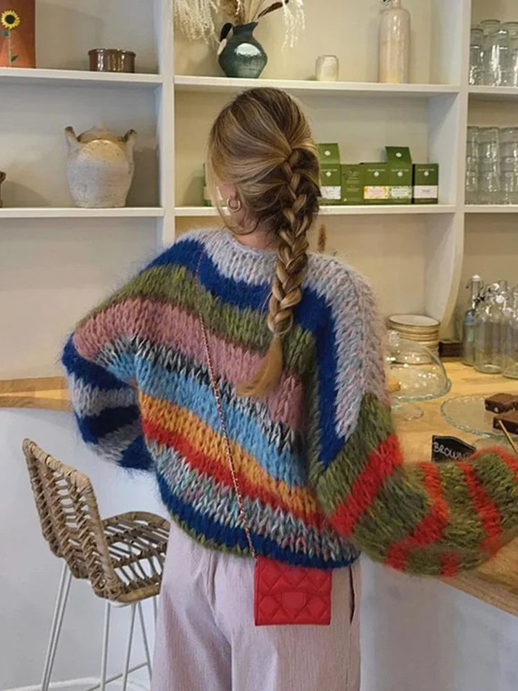 Elegant Multi Color Striped O-Neck Crochet Knitted Sweaters