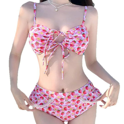 2025 Women’s Ruffle High Waist Bikini – Pink Strawberry Print Korean Swimwear