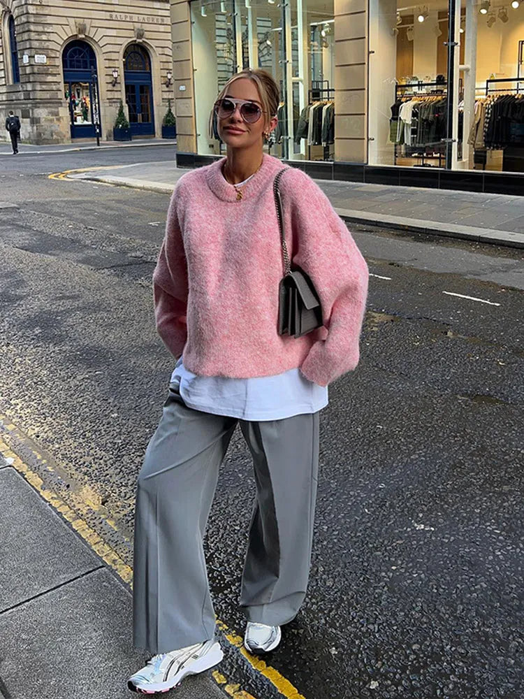 Übergroßer Mohair-Strickpullover mit langen Ärmeln für Damen – Graue, lockere Pulloveroberteile mit Rundhalsausschnitt, High Street-Pullover für Herbst 2025