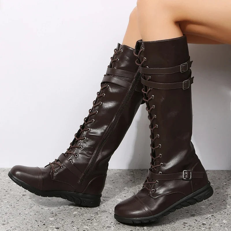 Retro Leather Lace Up Buckle Strap Side Zipper Long Boots