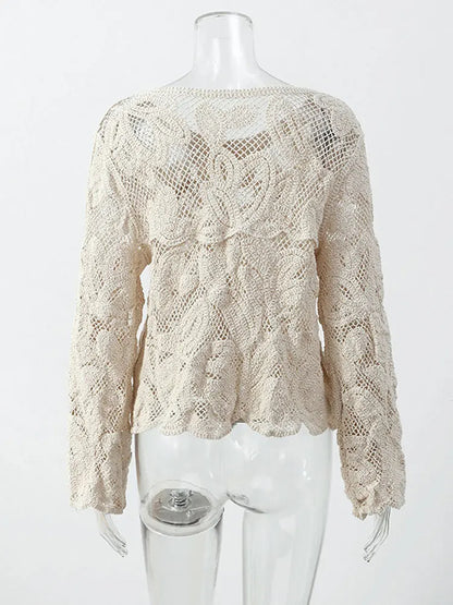 Elegant Beige Hollow Out Lace Shirt for Women – Vintage Hook Floral Long Sleeve Button-Up French Blouse Top