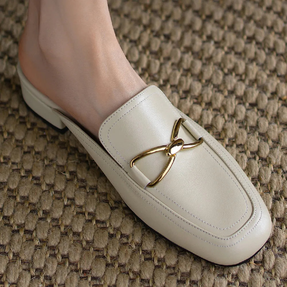 Women's Genuine Leather Square Toe Flats – Slip-On Mules | Soft & Comfortable Summer Slides, Casual Sandals for Women