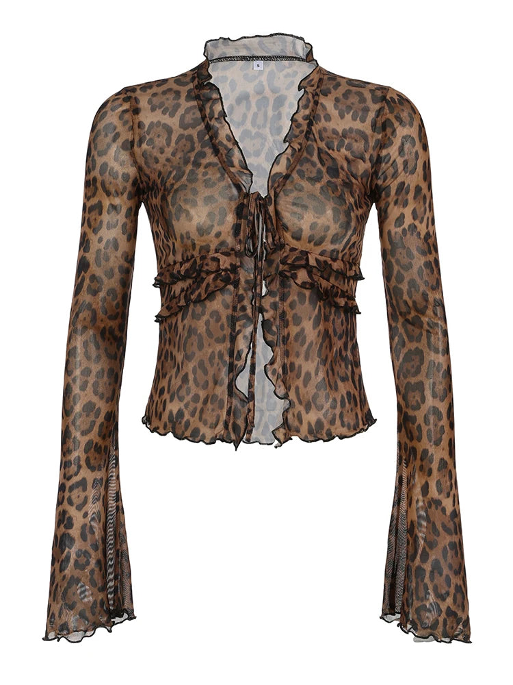 Rockmoer Leopard Print Mesh Shirt – Sexy See-Through Ruffled Long Sleeve, Tie-Front Women's Cardigan, Y2K Retro Slim Blouse