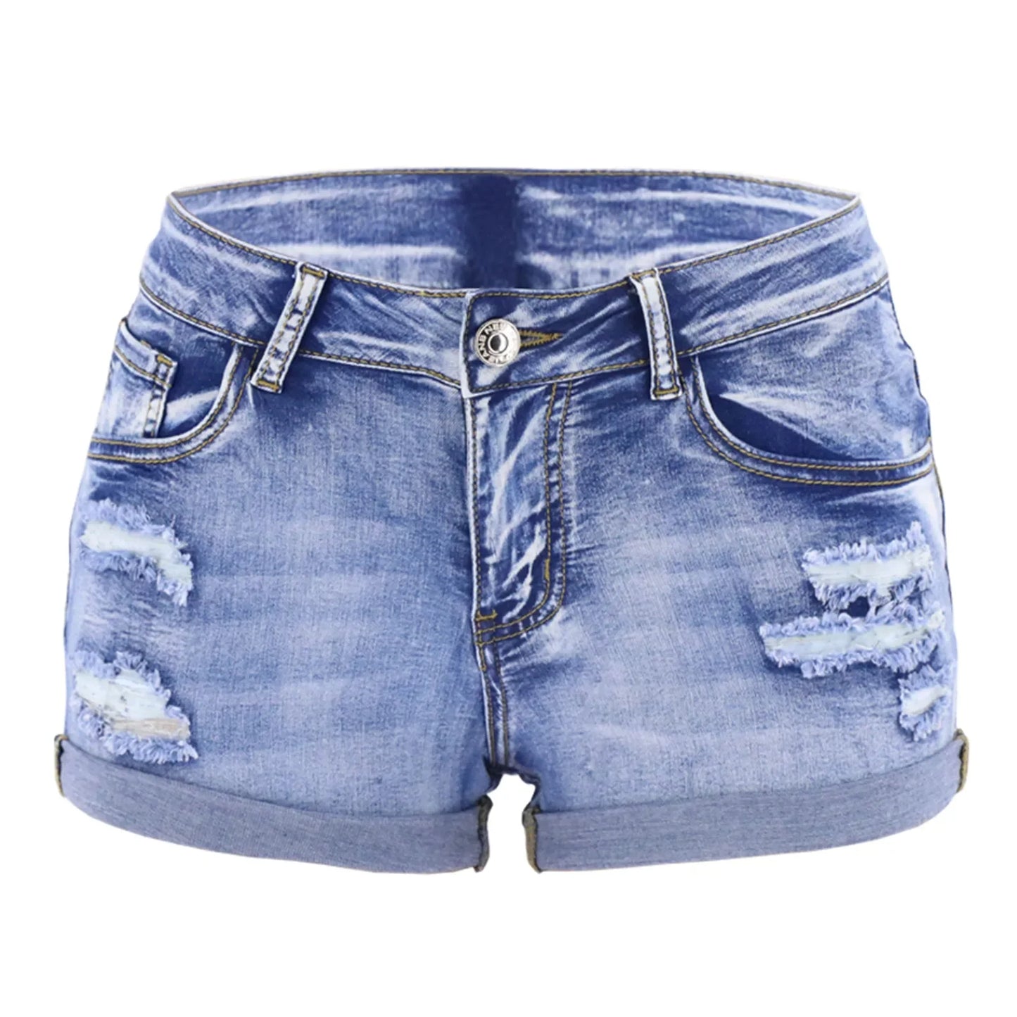 Women's Split Denim Shorts – Sexy Mid-Waist Summer Beachwear, Curled Cuff, Perforated Slim Fit Casual Shorts