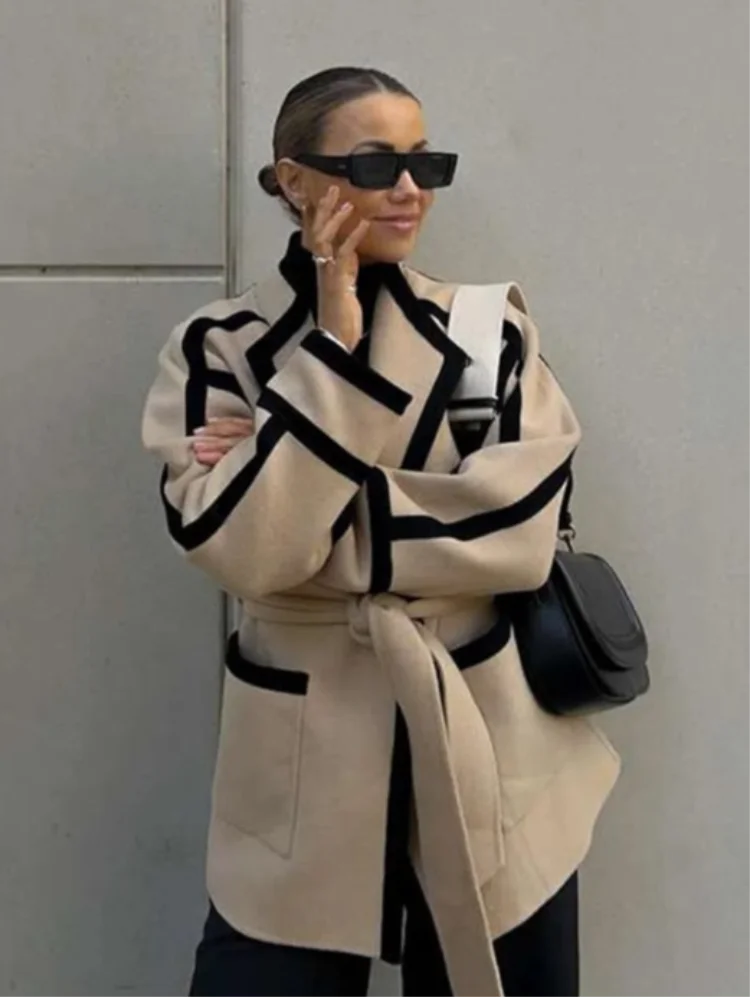 Casual Lace-Up Women's Coat – Long Sleeve Winter Outerwear, Fashion High Street Elegant Warm Jacket, Female Commuter Coats