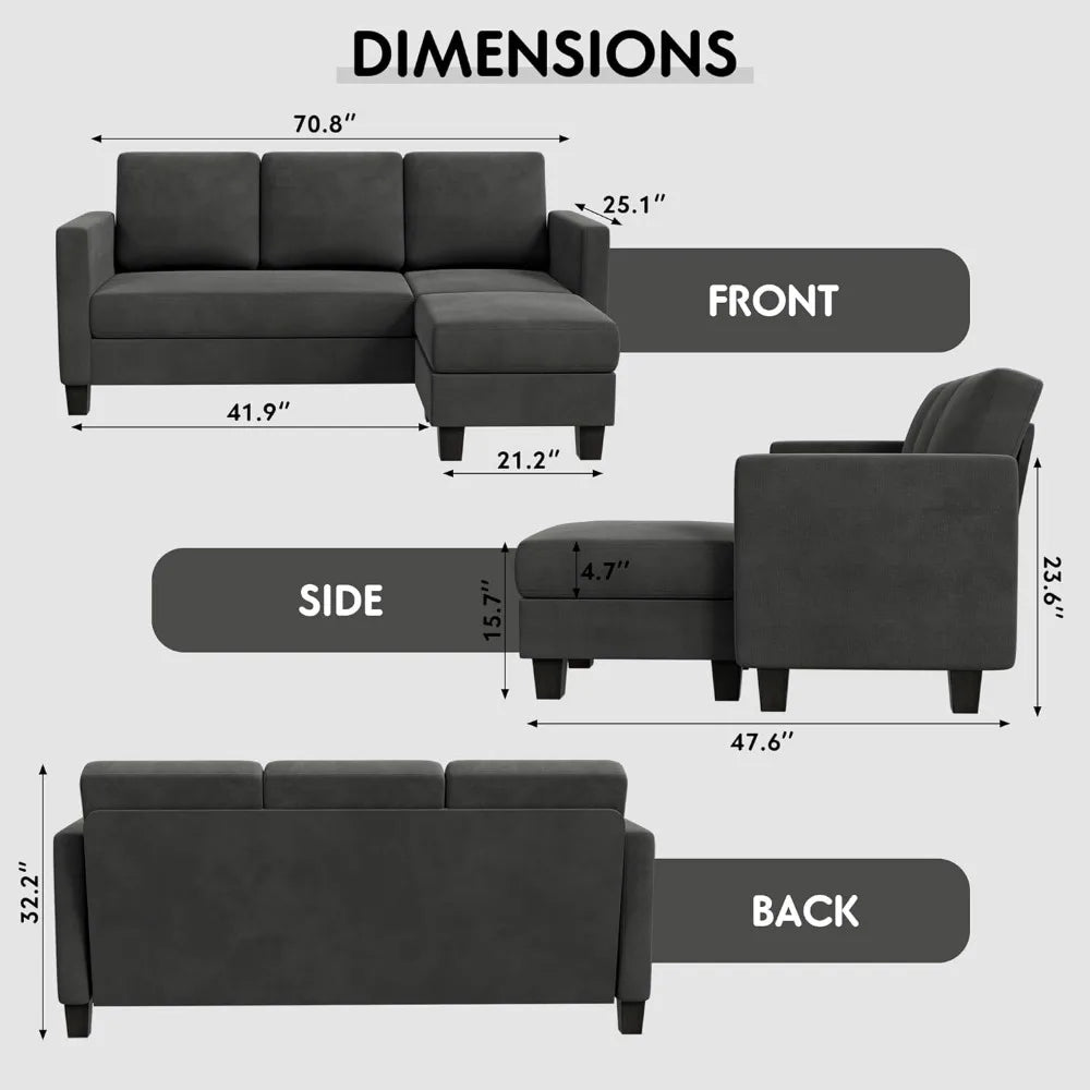 Convertible Sectional 3 L-Shaped Living Room Couch Sofa