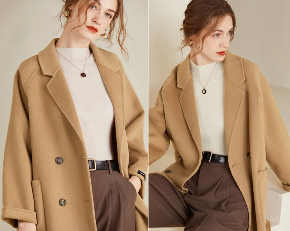 Women's Woolen Coats – Loose Casual Double-Breasted Retro Double-Sided Jacket for Office, Autumn & Winter Outerwear