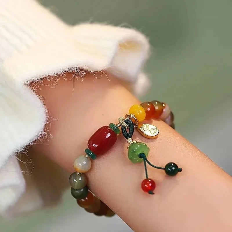 Natural Stone Flower Pendant Elastic Beaded Bracelets