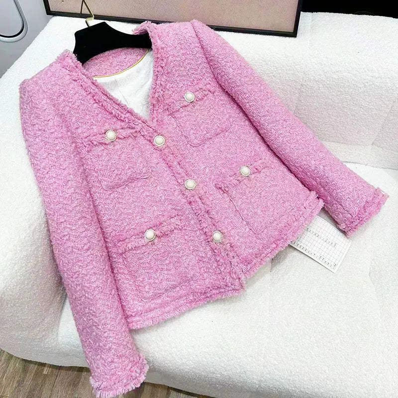 Korean Tweed Autumn Pink Jacket For Women