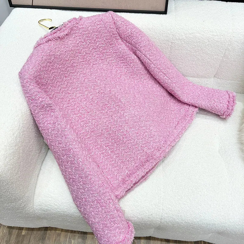 Korean Tweed Autumn Pink Jacket For Women