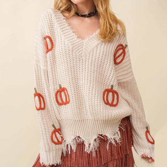 Women’s Halloween Knitted Sweater – V-Neck Pumpkin Design Long Sleeve Pullover for Autumn/Winter Streetwear
