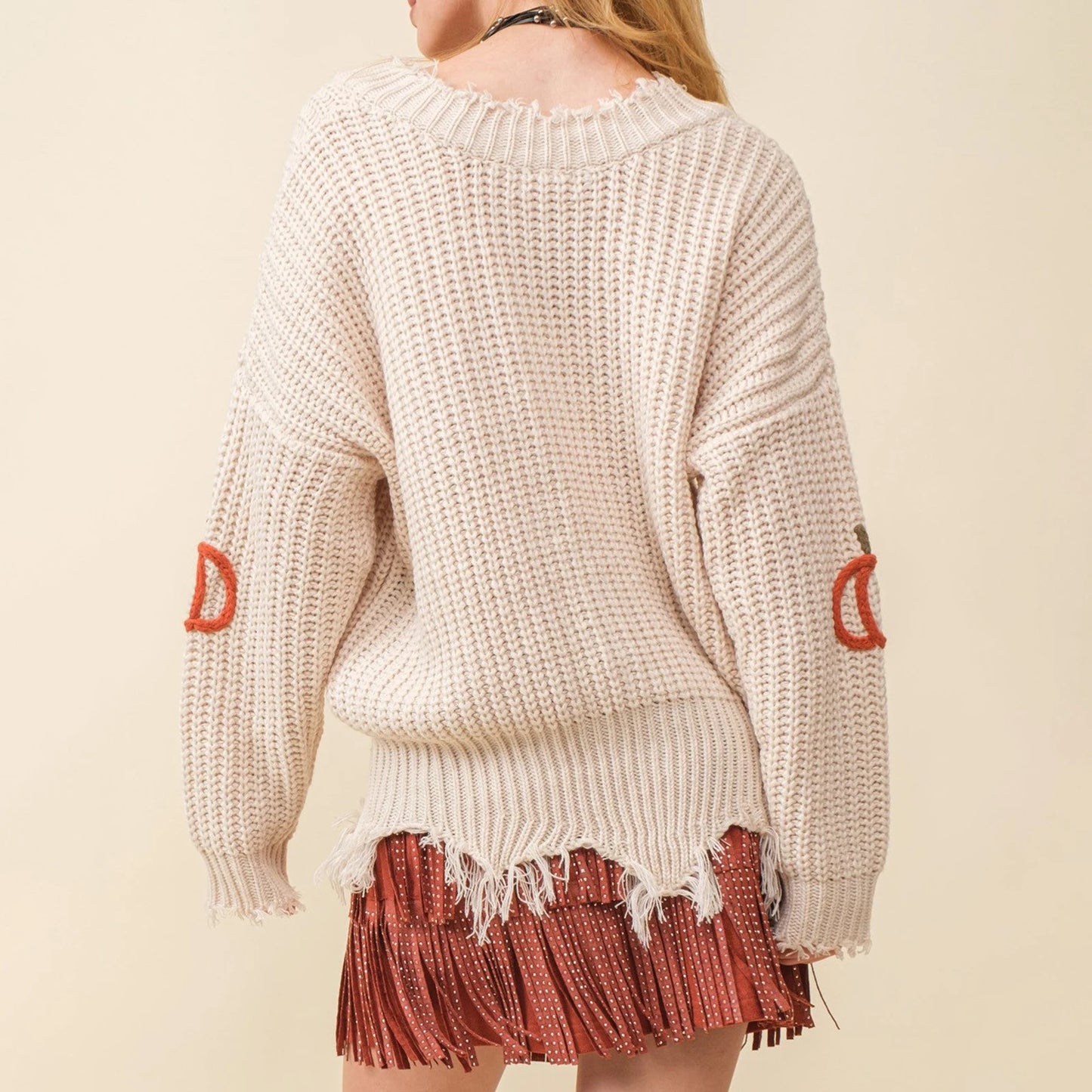 Women’s Halloween Knitted Sweater – V-Neck Pumpkin Design Long Sleeve Pullover for Autumn/Winter Streetwear