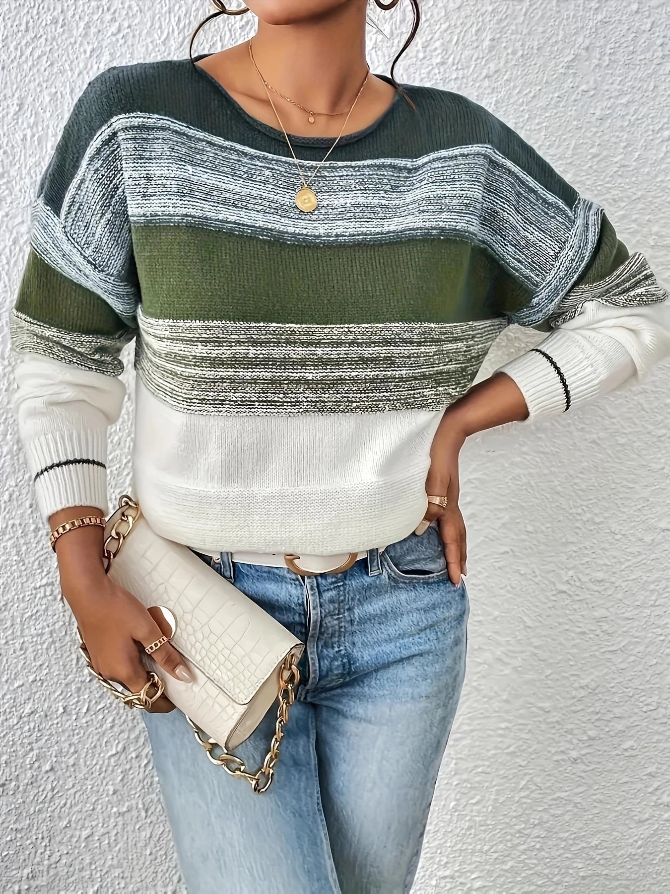 New Korean Style Green Striped O-Neck Sweater