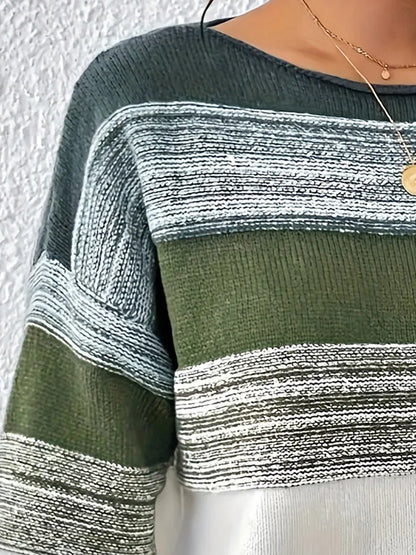 New Korean Style Green Striped O-Neck Sweater