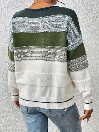 New Korean Style Green Striped O-Neck Sweater