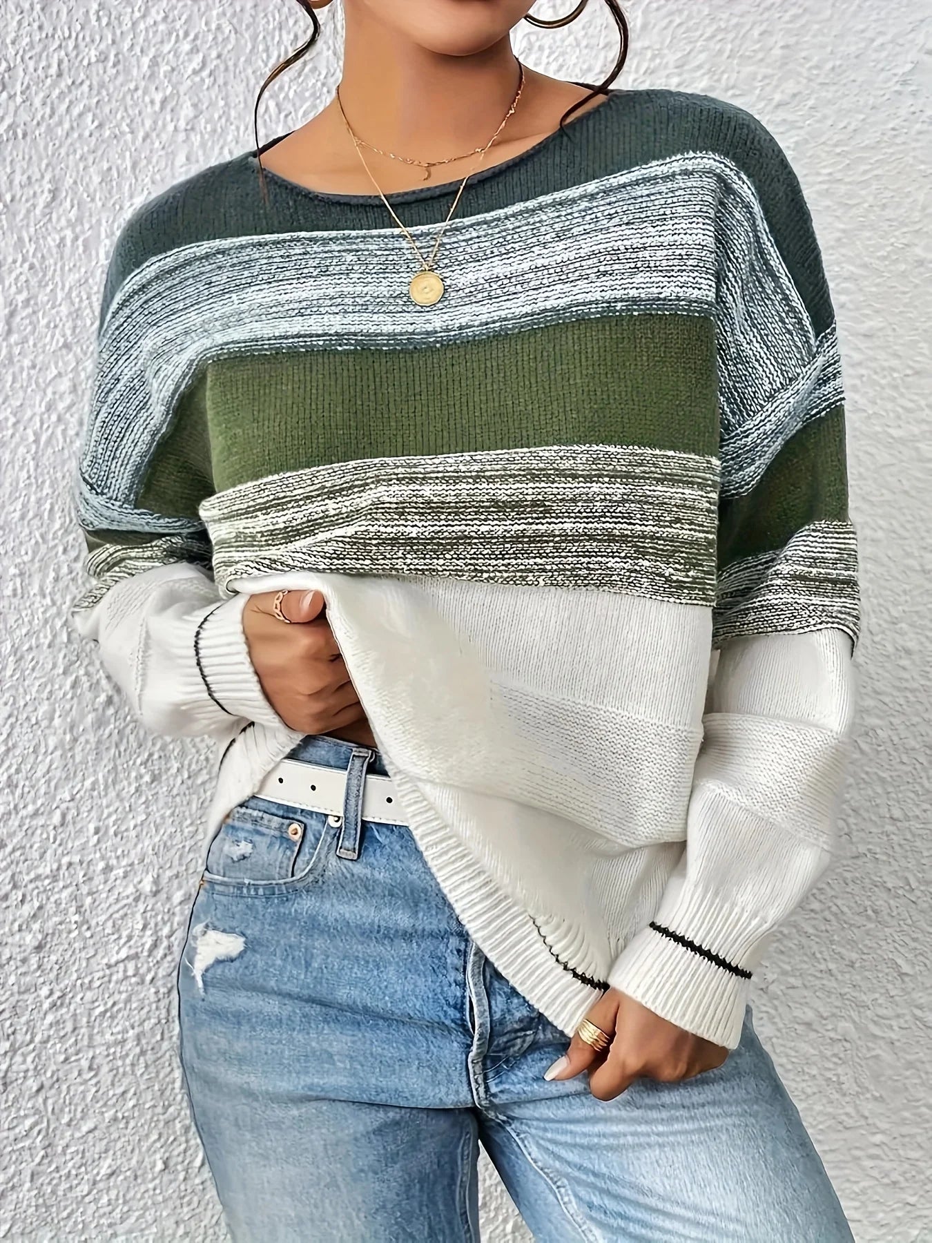 New Korean Style Green Striped O-Neck Sweater