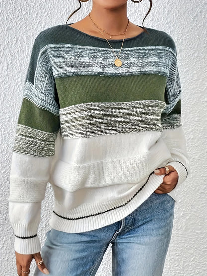 New Korean Style Green Striped O-Neck Sweater