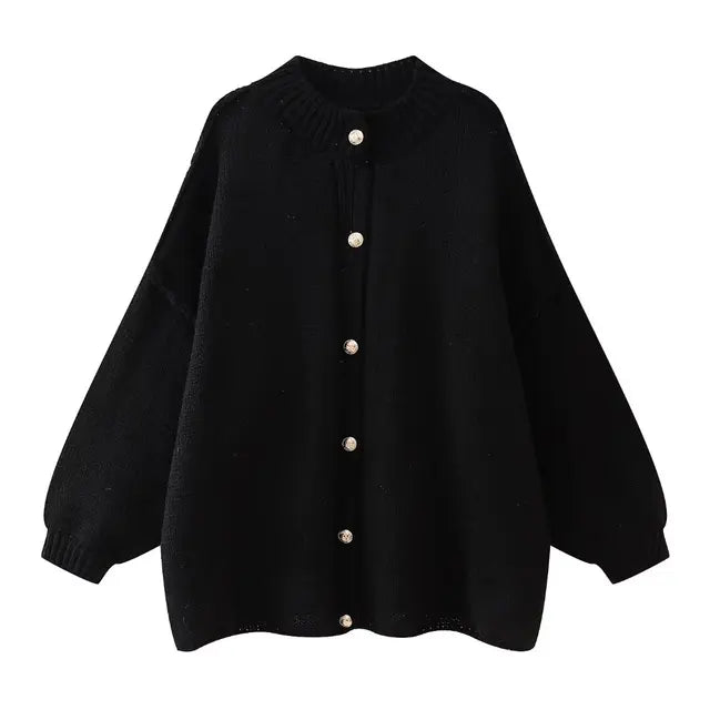 2025 Women’s Oversized Cardigan – Fashion French Loose Sweater with Metal Buttons for Autumn/Winter