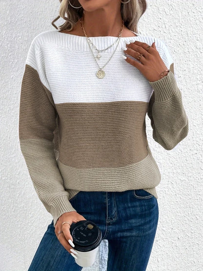 Color Block Boat Neck Loose Sweater