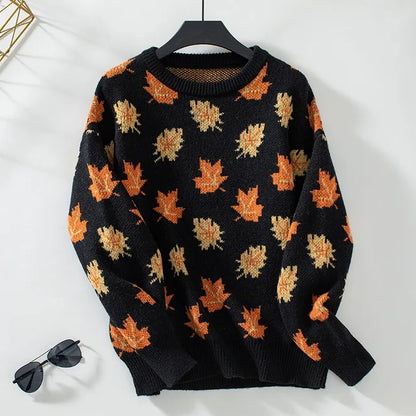 2025 Autumn/Winter Women’s Fashionable Maple Leaf Jacquard Pattern Long Sleeve Casual Round Neck Pullover Knitted Sweater