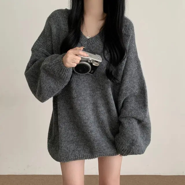 V-Neck Loose Fit Knitted Thick Sweaters