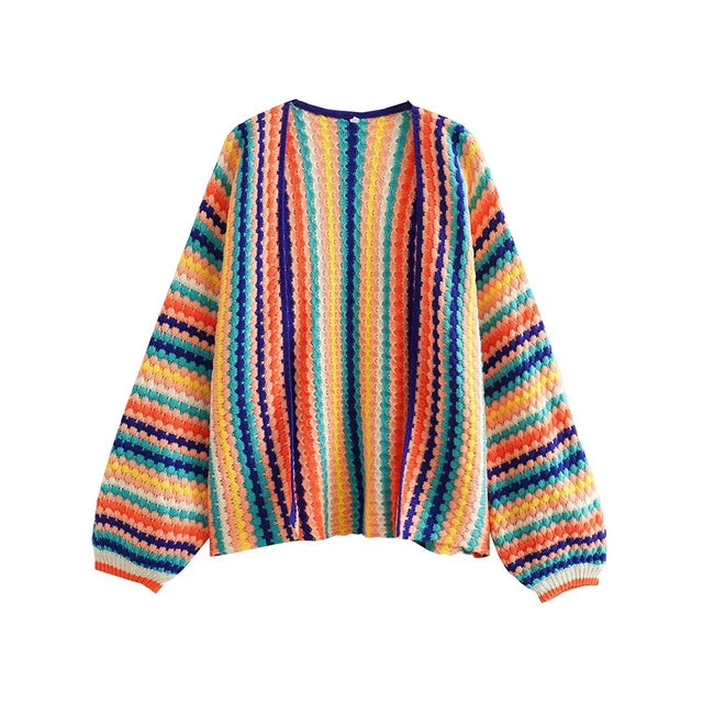 Autumn Winter Stripe Cardigan – Multi-Color Hand Hook Loose Knit Sweater for Women, Soft & Warm Knitwear