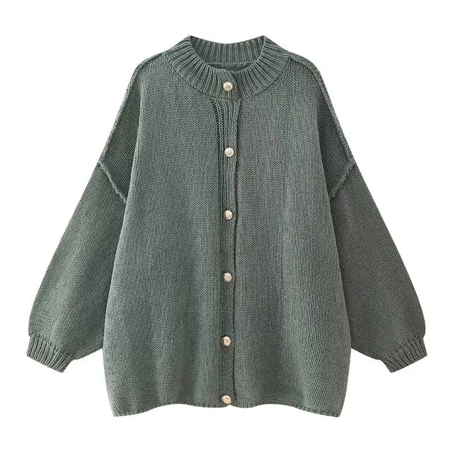 2025 Women’s Oversized Cardigan – Fashion French Loose Sweater with Metal Buttons for Autumn/Winter