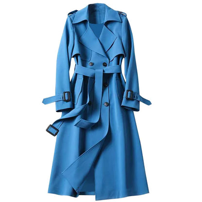 Long Trench Coat Women – Lace-Up Button Coats with Full Sleeves, Turn-Down Collar, Solid Pockets, Office Lady Streetwear