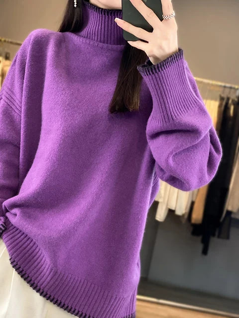 100% Pure Wool Cashmere Sweater for Women – 2025 Autumn/Winter Turtleneck Pullover, Loose Fit, Large Size, High Neck Knit Top