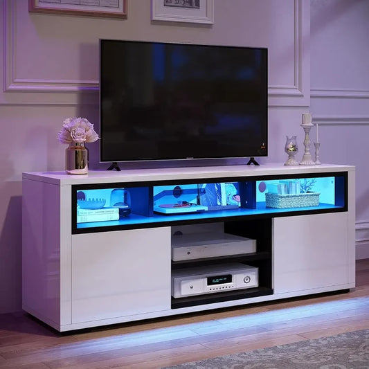 5 Open Shelves High Quality Glossy Wood LED TV Stand