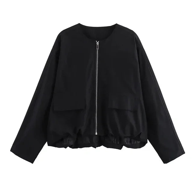 Loose Solid O-Neck Zip Up Women Jacket