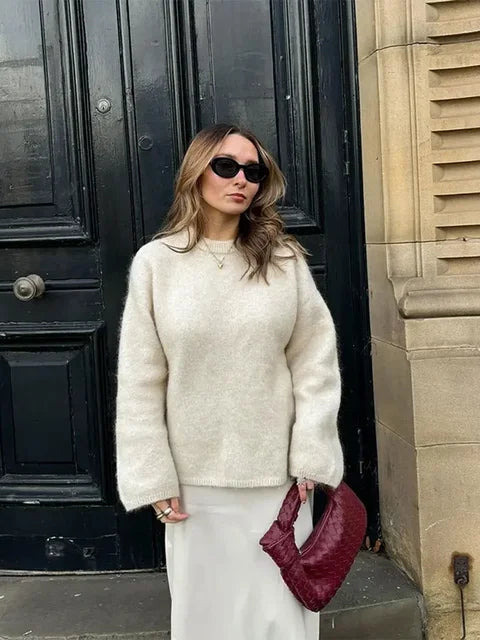 Fashion Solid Cashmere Knitted Jumper for Women – Chic Casual Round Neck Long Sleeve Sweater, Autumn High Street Pullover