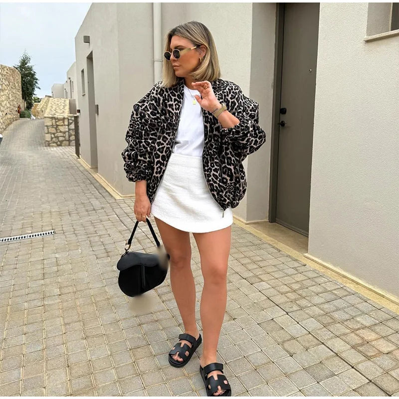 Leopard Print Zipper Round Neck Coat