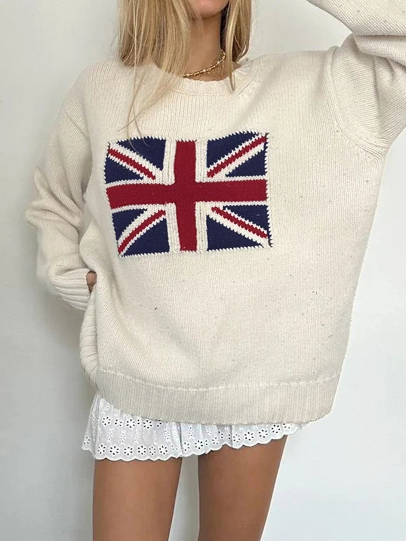 UK Flag Knitted Sweater for Women – Loose Fit Long Sleeve, O-Neck Casual Pullover, Autumn Warm Outerwear