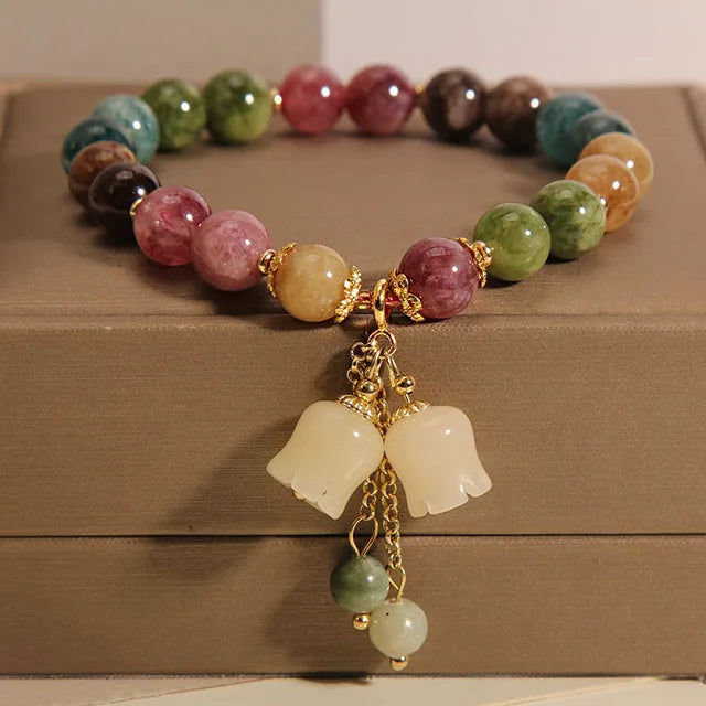 Natural Stone Flower Pendant Elastic Beaded Bracelets