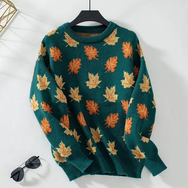 2025 Autumn/Winter Women’s Fashionable Maple Leaf Jacquard Pattern Long Sleeve Casual Round Neck Pullover Knitted Sweater