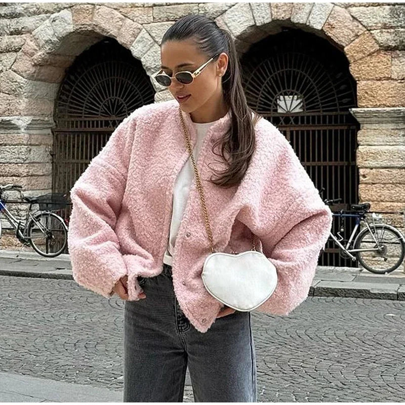 Pink Fur Jacket for Women – Oversized Stand Collar, Long Sleeve, Single Breasted Pocket Coats, Autumn Fashion Lady Overcoat