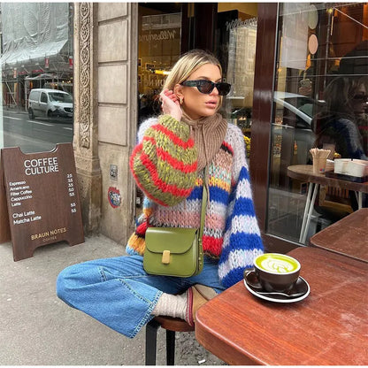 Striped Multi-Color O-Neck Hollow Out Knitted Sweater