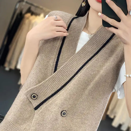 2025 Korean V-Neck Women's Vest – Knitted Cardigan with Sleeveless Design for Spring & Autumn