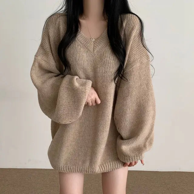 Korean V-Neck Long Sleeve Women’s Pullover Sweater – Vintage Streetwear Solid Basic Knit Sweater, Japanese Style Sueter Mujer