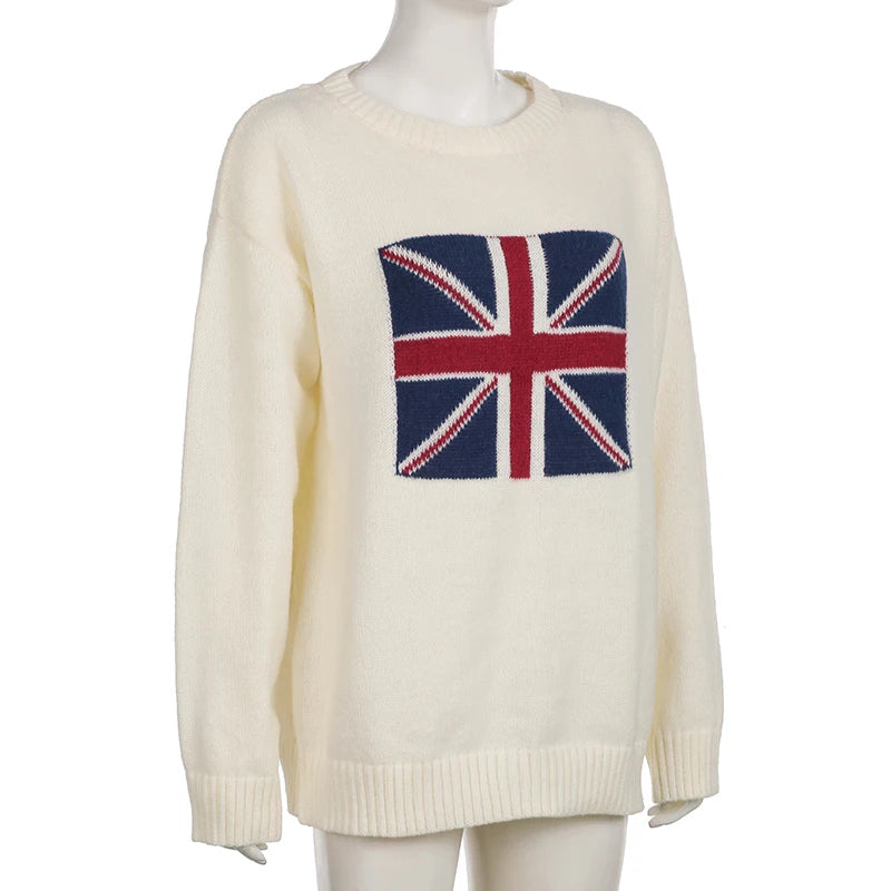 UK Flag Knitted Sweater for Women – Loose Fit Long Sleeve, O-Neck Casual Pullover, Autumn Warm Outerwear