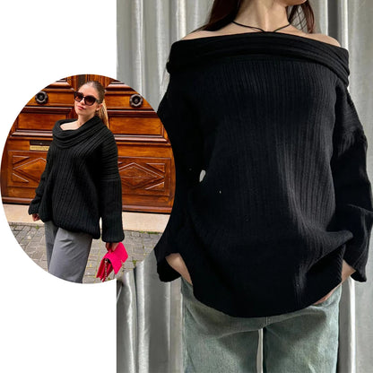 Lazy Style One-Shoulder Knitted Sweater for Women – Long Sleeve Overhead Top, Autumn/Winter Fashion, Cotton Blend