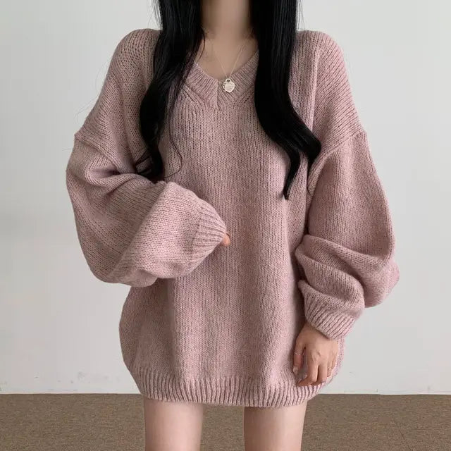 Korean V-Neck Long Sleeve Women’s Pullover Sweater – Vintage Streetwear Solid Basic Knit Sweater, Japanese Style Sueter Mujer