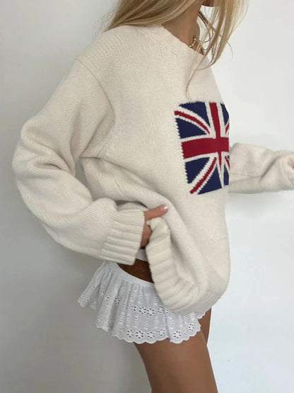 UK Flag Knitted Sweater for Women – Loose Fit Long Sleeve, O-Neck Casual Pullover, Autumn Warm Outerwear